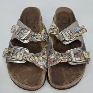Muk Luks Slide Sandals Silver Multicolor Braided Metallic Cork Slip on Boho sz 9